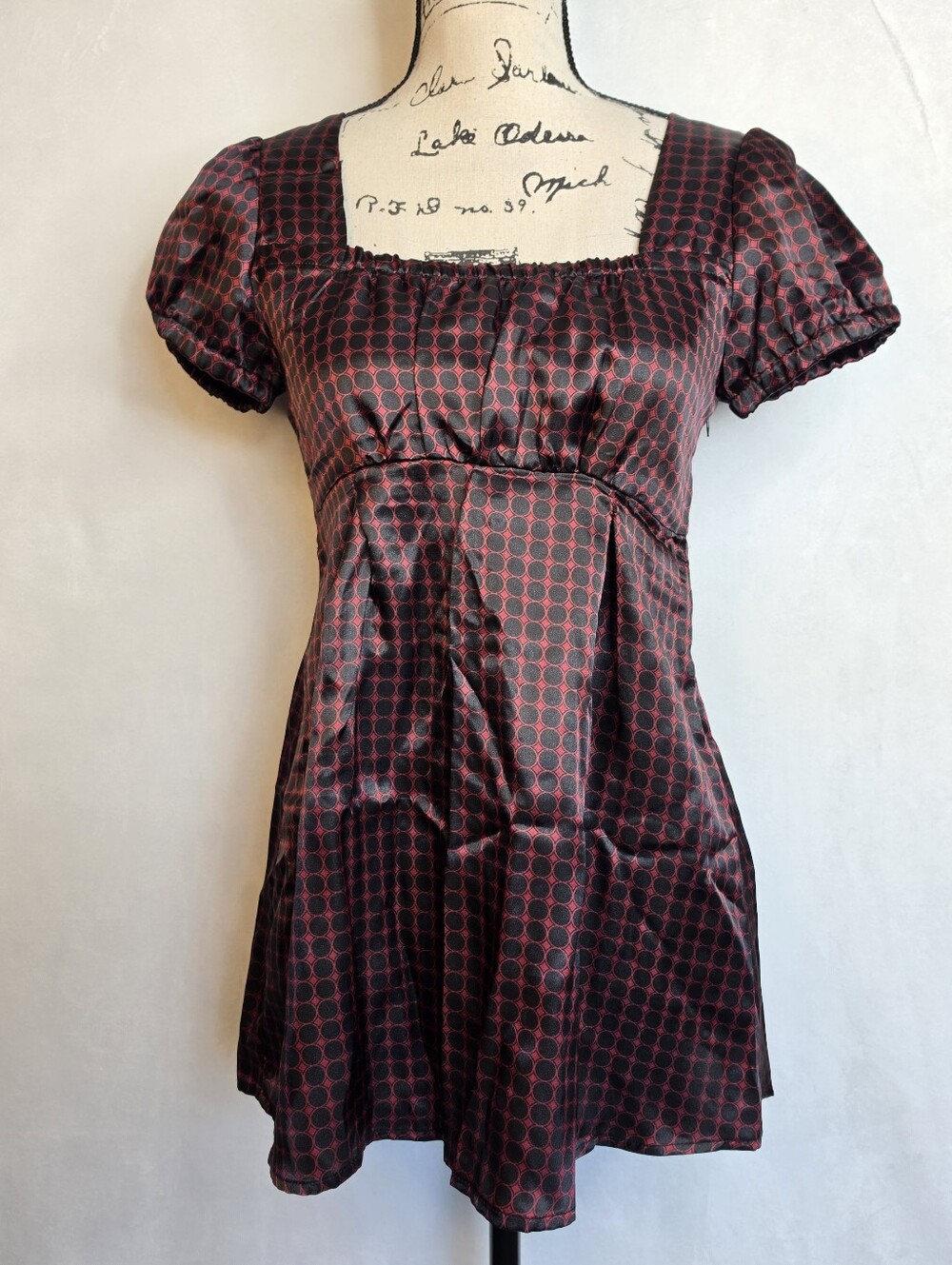 NWT FANG Vintage Y2K Empire Waist Mini Dress Wine Red Black Geometric M